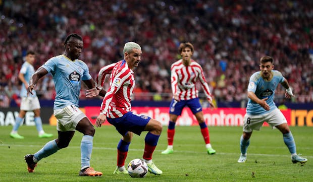 Joseph Aidoo Jr and Antoine Griezmann during the LaLiga Santander match between Atletico Madrid and Celta de Vigo (Photo by David S. Bustamante/Soccrates/Getty Images)